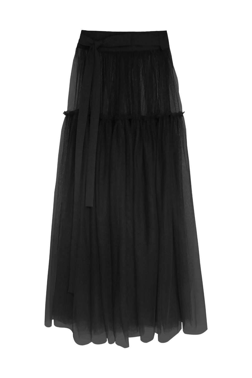 See-through Tiered Sha Waist Skirt [Black]