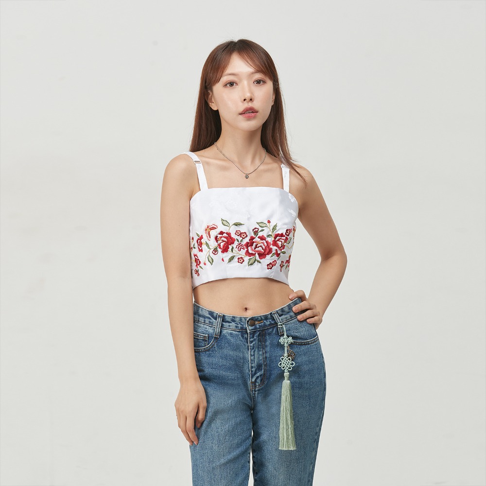 Moonlight Peony Embroidery Cropped Tube Top [White] Pre-order