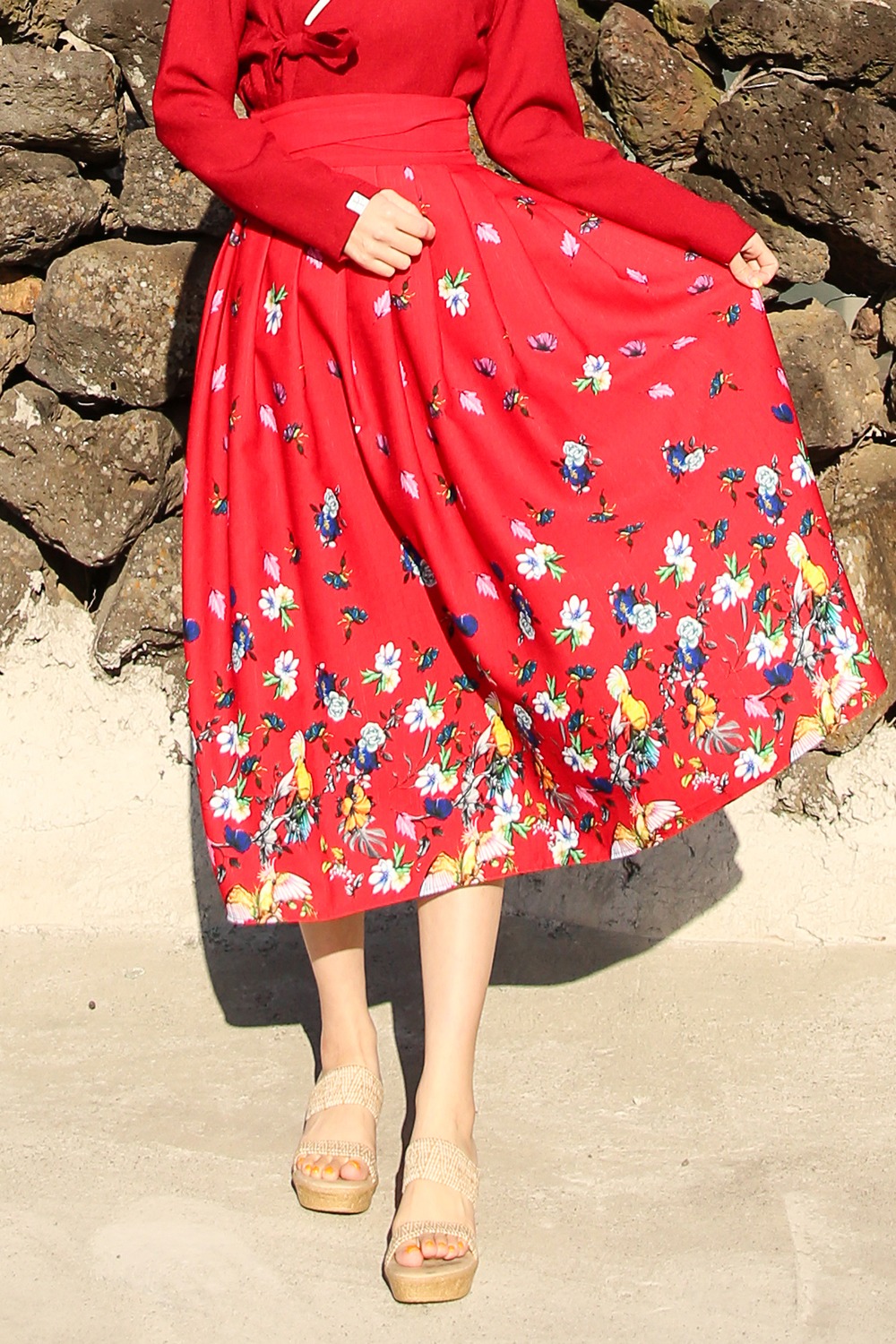 Parrot Double-sided Wrap Skirt [Red]